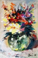 Színek ünnepe. Gyönyörű expresszív virágcsendélet. 30x20 cm, olaj farost! Best sales!