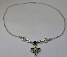 Very Special Silver Necklace with Green Cat's Eye Stone and Green Enamel Pendant