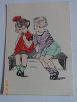 Régi grafikus postatiszta üdvözlő képeslap - padon ülő kislány és kisfiú