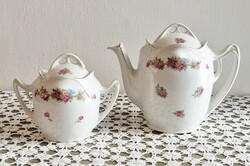 Századfordulós Elbogen porcelán teáskancsó és cukortartó – virágmintás, aranyozott, jelzett
