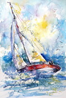 Sailboat in the wind II - watercolor painting / Vitorlás a szélben II - akvarell festmény
