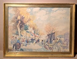 Kássa Gábor: Piaci jelenet - 80x60 cm, lenyűgöző élőben! gyűjtői ritkaság - keretezett