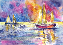 Harbor at morning-  watercolor painting -Kikötő reggel -  akvarell festmény