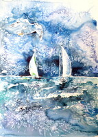 Sailboats with seagul - watercolor painting / Vitorlások sirállyal  - akvarell festmény