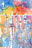 Five sailboats -  watercolor painting - Öt vitorlás-  akvarell festmény
