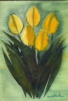 Hollóházi Izolda: 5 stalks of yellow tulips