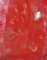 JAKAB ESZTER: Csendélet "VIRÁGOK, LAUTREC" 80x60 cm olajfestmény (vörös, tűzpiros olajfestmény)
