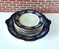 6 SZEMÉLYES ZSOLNAY POMPADÚR II. KÉZZEL FESTETT PORCELÁN SÜTEMÉNYES, DESSZERTES KÉSZLET