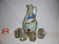 Színes üveg likőrös készlet - kancsó + 6 pohár - vintage - Murano stílus