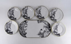 1W565 Szász Endre pillangó mintás Hollóházi porcelán süteményes készlet 6 személyes