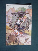 Képeslap,artist,művészet,állatok,kutya,vadászat,vadász,erdész,humoros,1919-