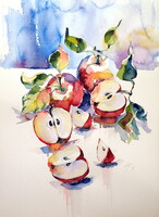 Apples on table II - watercolor painting -Almák az asztalon II -akvarell festmény