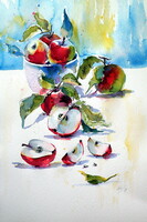 Apples on table  - watercolor painting -Almák az asztalon  -akvarell festmény