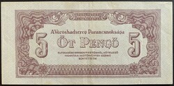 Magyarország, A Vörös Hadsereg Parancsnoksága 5 Pengő 1944 P-M4 VF bankjegy