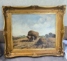 Gyönyörű antik Olaj vászon tàjkép festmény.Àcs Àgoston aratàs , betakarítás