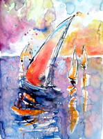 Sailboats at sea- watercolor painting -Vitorlások a tengeren -akvarell festmény