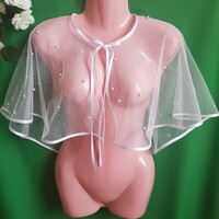 Szatén szegélyes, gyöngyös hófehér menyasszonyi pelerin, rövid palást