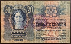 OMM 20 Korona 1913 VF felülbélyegzett bankjegy