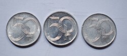 50 heller , 1994 ; 1996 ; 2007 , Csehország , pénz , érme , 3db.együtt