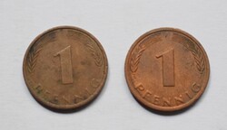 1 pfenning , 1972 J ; 1988 F ; Németország , N.SZ.K. , pénz , érme , 2db.együtt