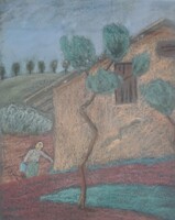 Kapos Nándor(1897-1978): Vödröt cipelő asszony. Jelzett, hibátlan festmény.