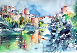 Mostar bridge- watercolor painting - Mostari híd  (Öreg híd) -akvarell festmény
