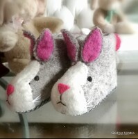 Sew Hearz Felt 20s wool bunny slippers, handcrafted English embroidered, patchwork room shoes