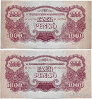 2 x 1000 pengő 1944 VH. Hajtatlan Sorszámkövető pár Alacsony sorszám "005766 és 005767"