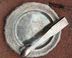 Antique Silver or Silver-Plated Tray and Sugar Tongs