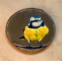 Cinege fakorongon - akrilfestékkel fakorongra festett kép - (madár)