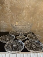 Kézi csiszolású ólomkristály tál készlet – 1 nagy talpas gyümölcstál + 6 kistányér