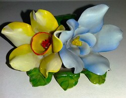 Antik HERENDI kék - sárga  SZELLŐRÓZSÁK VIRÁGOK porcelán virágpár  11 X 7 cm a képek szerint