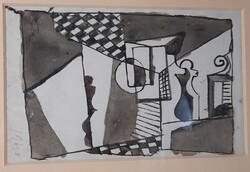 Kádár Béla: Absztrakt szobabelső, tusrajz, festmény