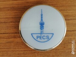 Retro kerek tejüveg tégely, pixis, doboz _ TV torony +Pécs felirat