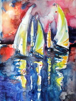 Sailboats at sunset II  watercolor painting - Vitorlás naplementében -akvarell festmény