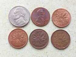 America 6 Different Coins USA Canada 1 Cent Lincoln 1 Cent 5 cents Jefferson Nickel 1974-1999