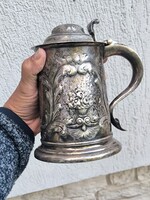 Gyönyörű ezüstözött  mesterjeles fedeles sörös korsó kupa barokk rokokó stílusú