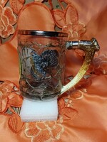 Interesting glass jug with painted stag and embossed pheasant rooster
