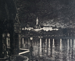 Szennik György: Dunai panoráma - Kilátás az Országházból (keretezett) Halászbástya, Vár, Budapest