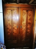 Antik, intarzia betétes kétajtós, polcos,fiókos ruhásszekrény