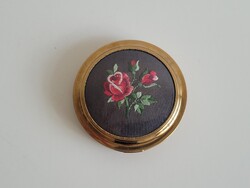 Régi réz pudertartó rózsa mintás hímzett tűgobelin púderes