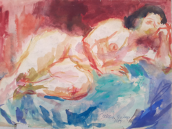 Juhász Erika: kétoldalas, Könyöklő női akt és álló nőalak, eredeti jelzett akvarell karton, 1989