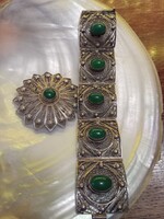 Krizopráz köves antik ezüst ékszer szett (karkötő és bross)
