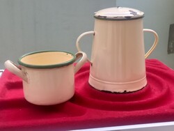 Retro konyhai eszközök: Budafoki zománcos zsíros bődön, kis fazéks