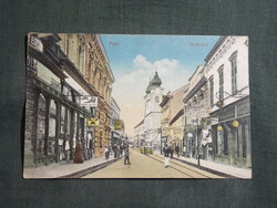 Postcard, Pécs, Király utca, shops, tram view, detail, Railway publisher, 1916-