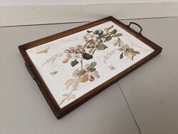 Antik majolika porcelán jugendstil szecessziós konyhai tálca fa kerettel krómozott réz füllel 229