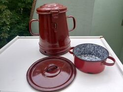 Retro konyhai eszközök: Budafok zománcos zsíros bődön, kis lábas