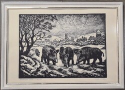 Réti Mátyás -Vadisznó etetés- vadász fametszet-