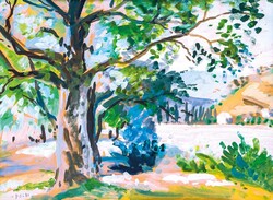 Böhm Lipót: Az öreg fa a Dunaparton akvarell festmény