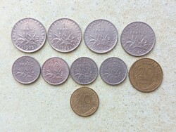 Franciaország 10 db Különböző Érme 10,20 Centimes 1/2,1 Frank Francs 1960-1983